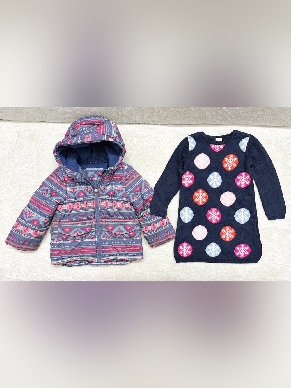 Girls Winter Set Hooded Zip Jacket Snowflake Fleece & Sweater Size 3T Years